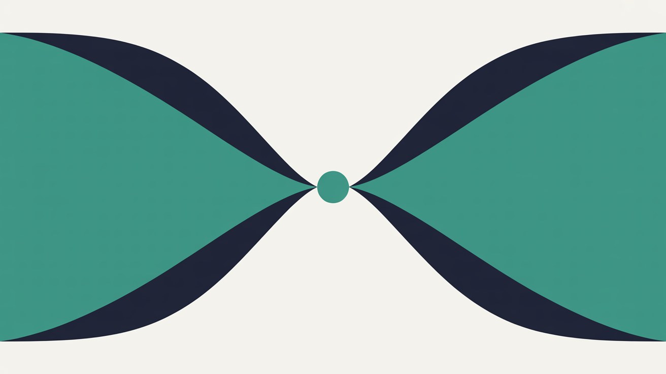 Flat abstract illustration of two large teal shapes narrowing in from opposite edges to meet at a single small dot in the centre