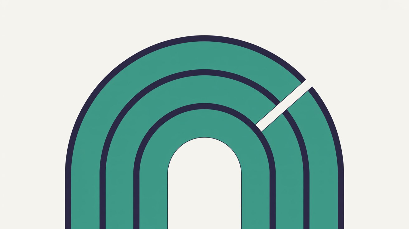 Minimal illustration of three concentric teal arches outlined in navy, with one segment of the outer arch cut away