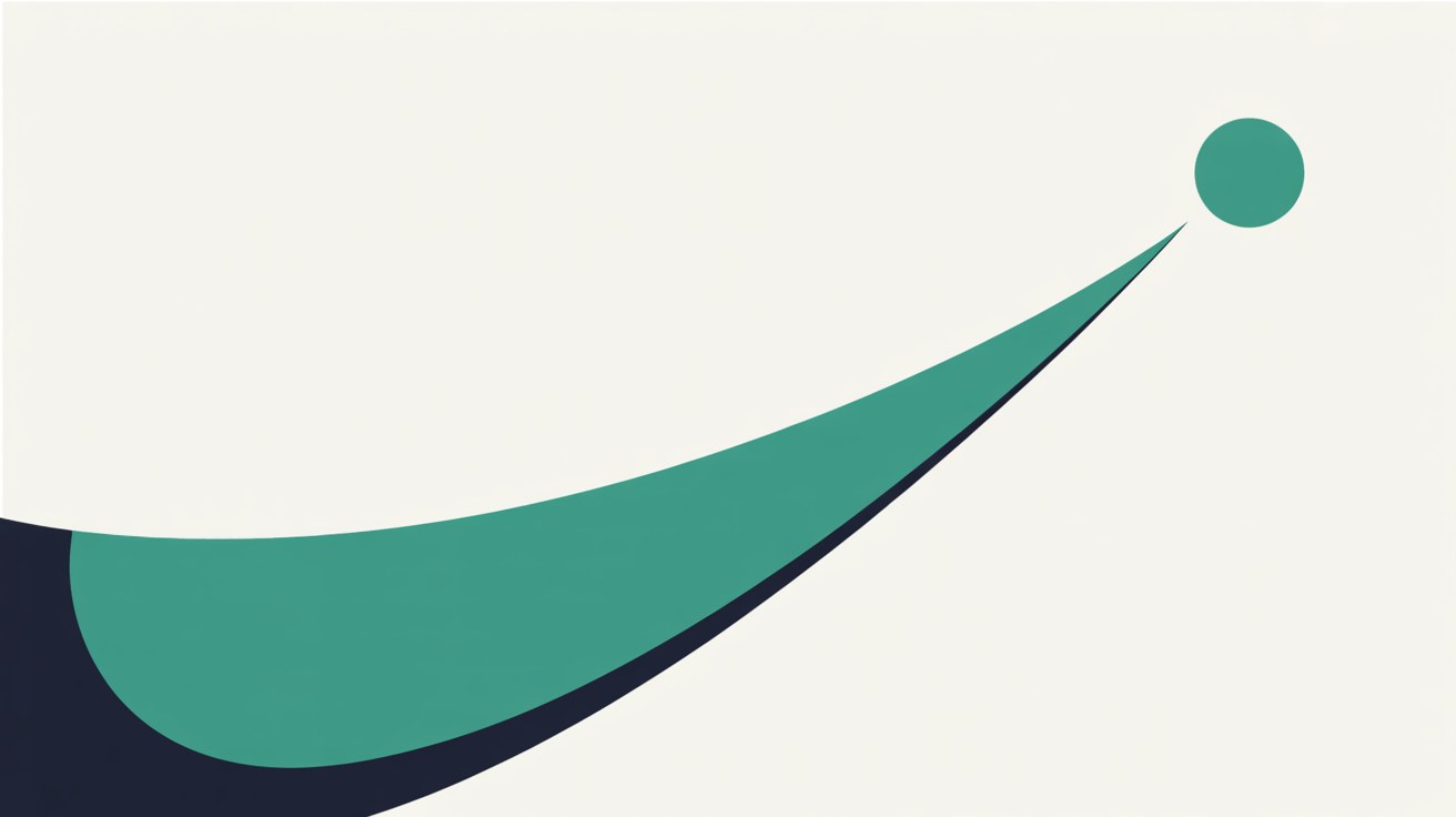 Flat illustration of a broad teal curve sweeping upward toward a single teal dot, with a darker navy curve running underneath it on an off-white background