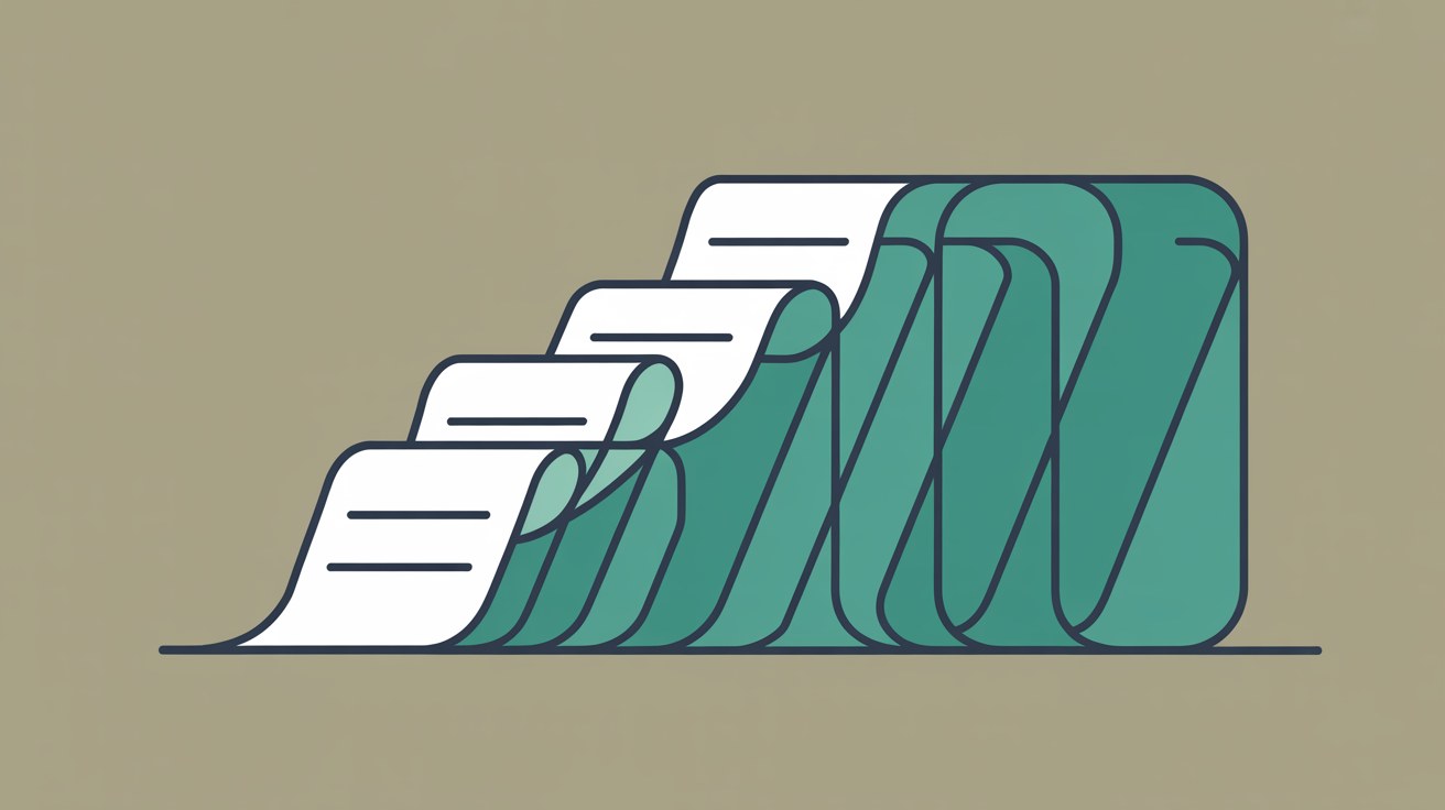 A row of overlapping page-shaped cards on a warm grey background, receding from white at the front to solid teal at the back, each marked with faint horizontal rules standing in for lines of text