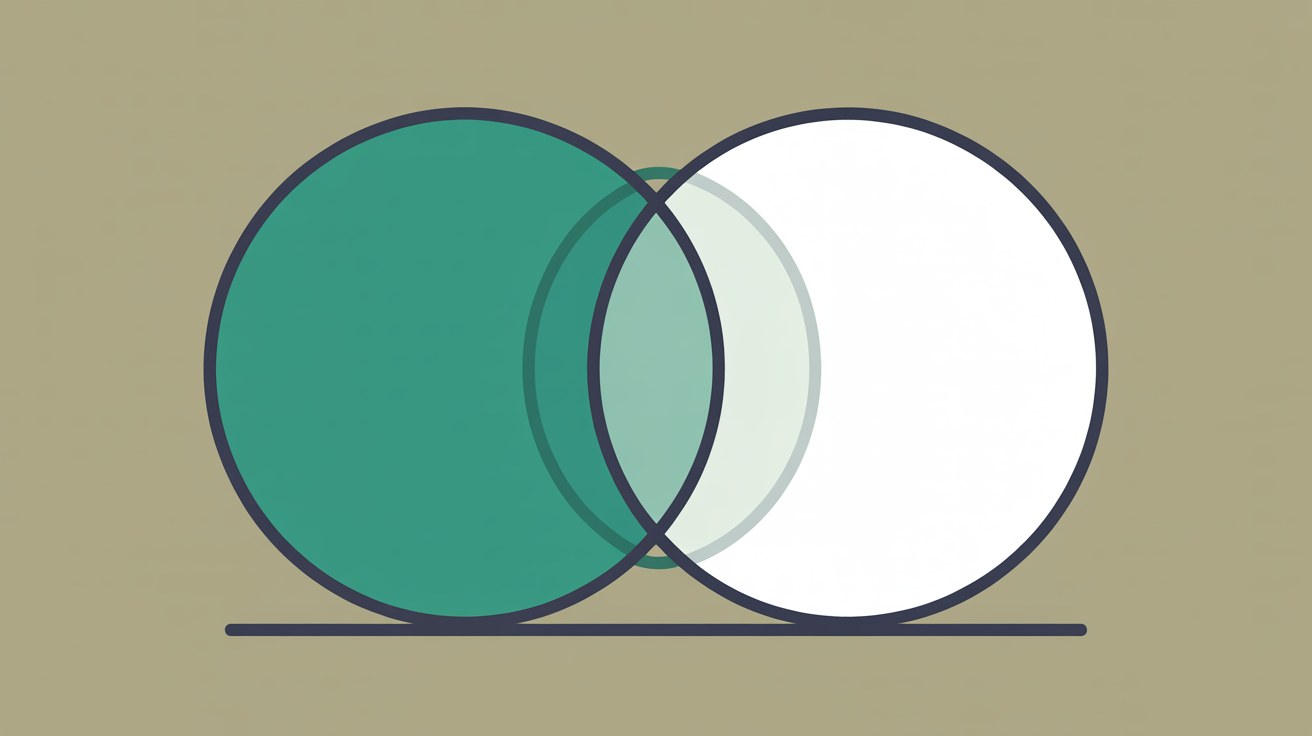 Two large overlapping circles on a warm grey background, one filled solid teal and the other left empty and outlined, with a pale ghost of the teal circle showing through the overlap