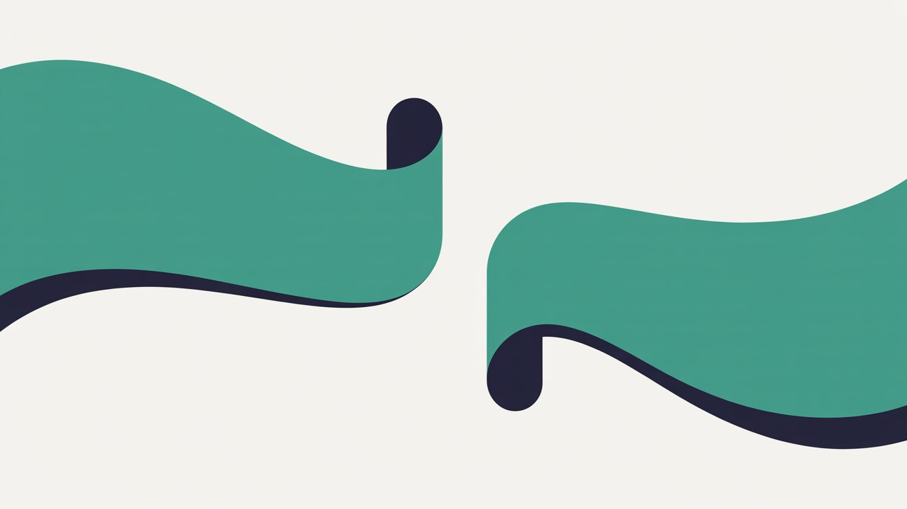 Two teal ribbon shapes on a warm grey background, one leading and the other trailing behind it