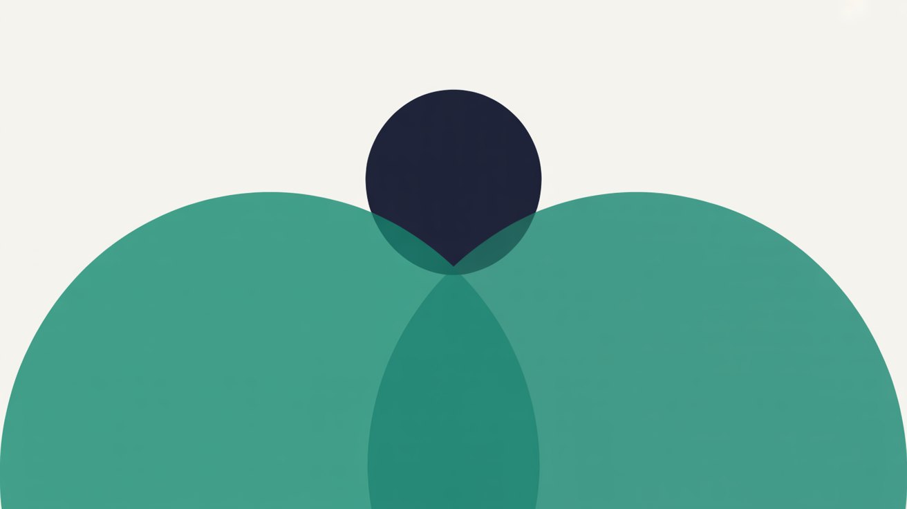 Two overlapping teal circles on a warm grey background with a dark navy dot sitting where they intersect
