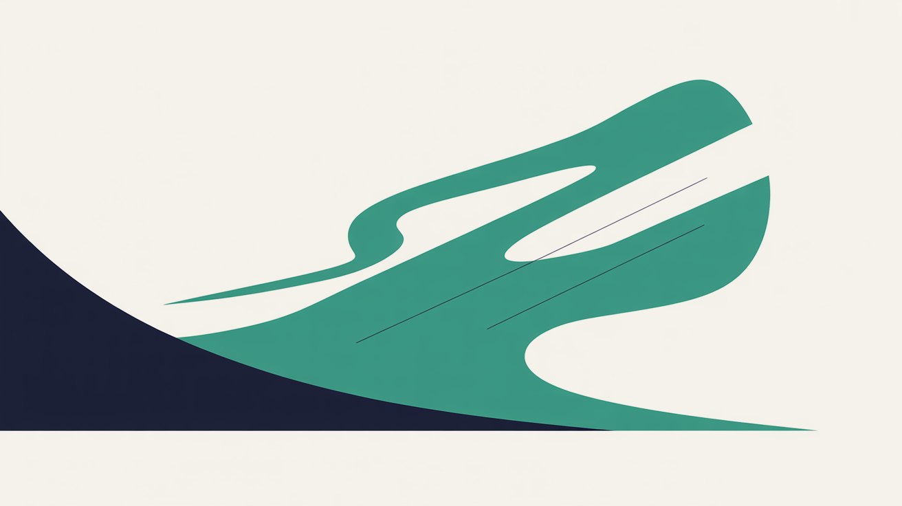 Flat illustration of a teal wave shape sweeping upward and overtaking a dark navy curve on a warm grey background