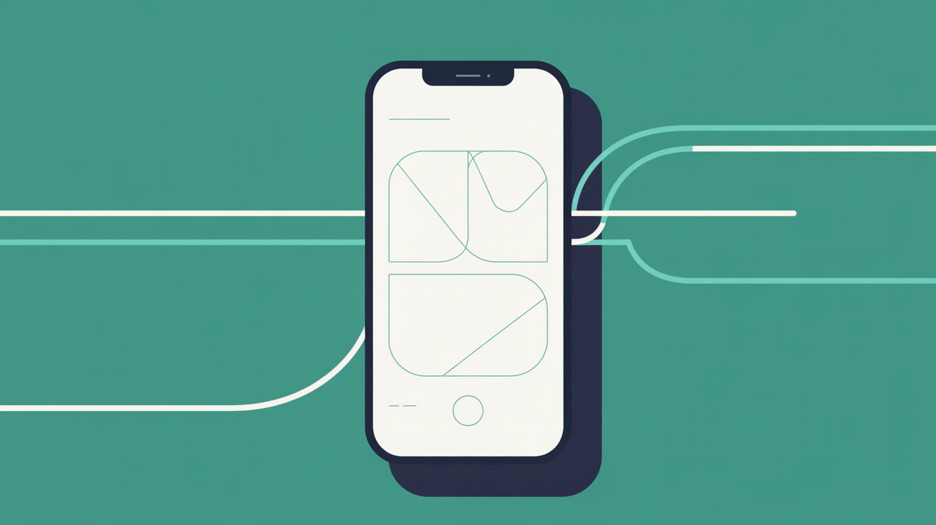 Stylised mobile phone outline with abstract teal form-field shapes on a warm grey background