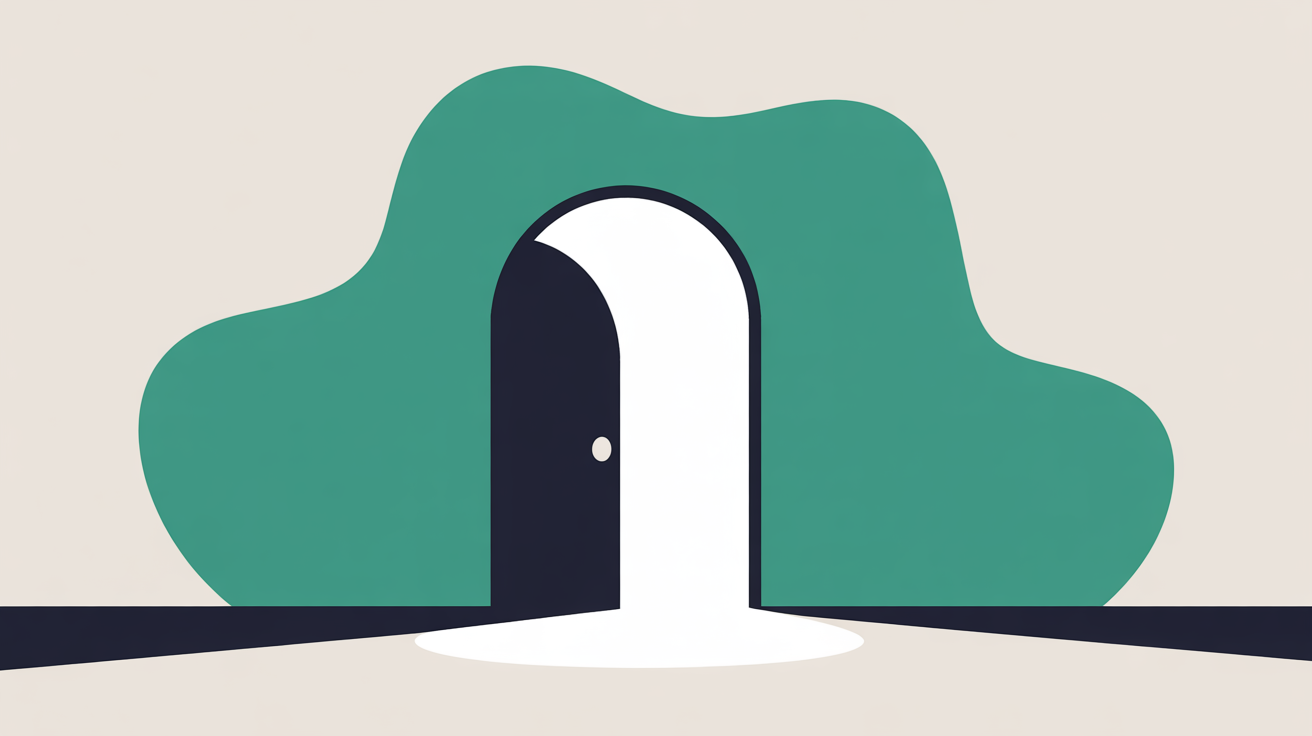 Abstract flat illustration with teal accent shapes suggesting an open doorway on a warm grey background