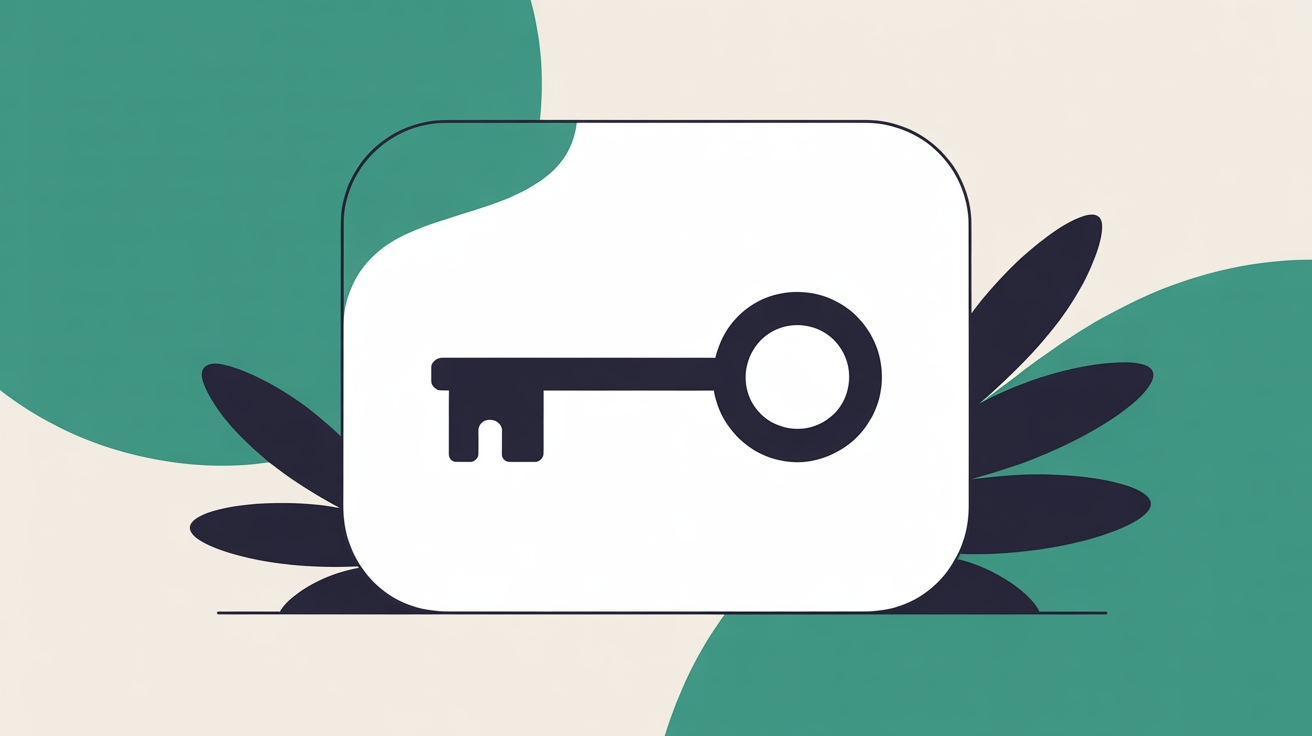 Flat illustration of a stylised key linked to a simple rounded panel in teal on a warm grey background, suggesting an owner with direct control of their website