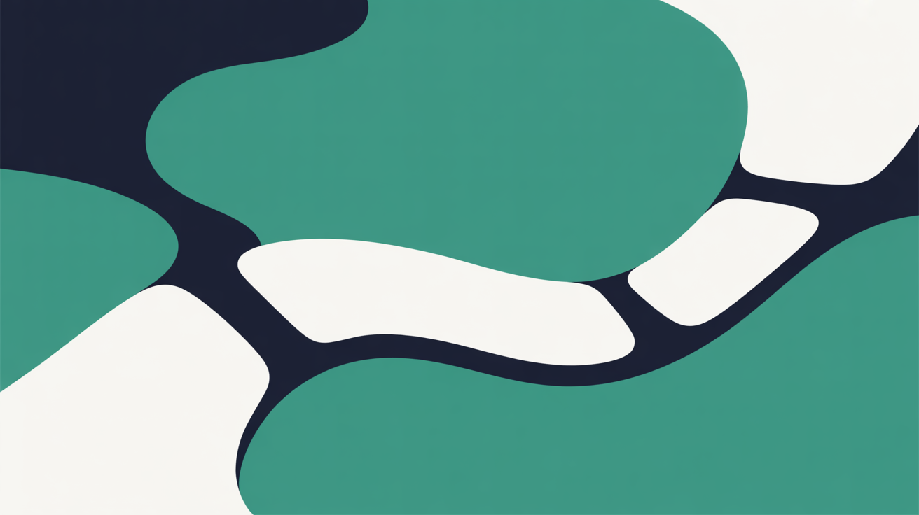 Abstract illustration of visitors flowing freely through an unobstructed pathway with teal accent shapes on warm grey background