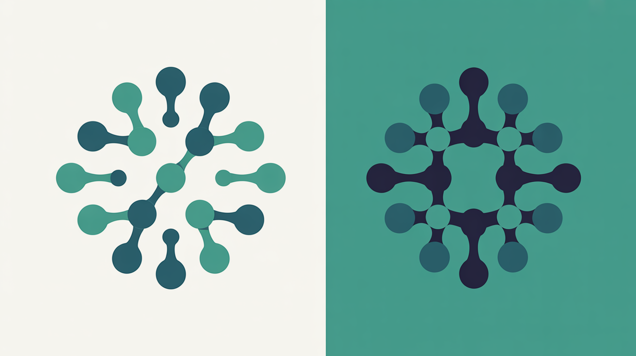 Clean minimal illustration comparing two data visualisations, one with gaps and one complete, in teal on warm grey