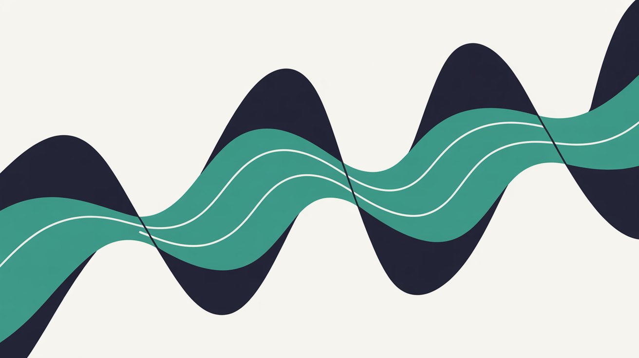 Abstract flat illustration of data flowing freely through clean geometric shapes without barriers on a warm grey background