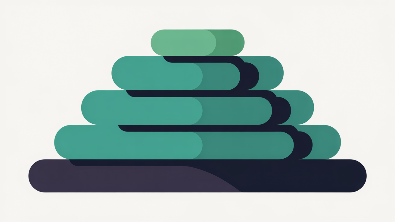 Abstract flat illustration of stacked horizontal geometric shapes with a teal accent at the base layer on a warm grey background, suggesting a layered priority structure