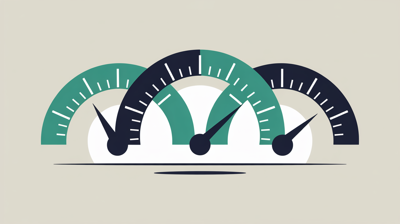 Abstract circular dial shapes in teal on a warm grey background suggesting performance measurement, flat illustration