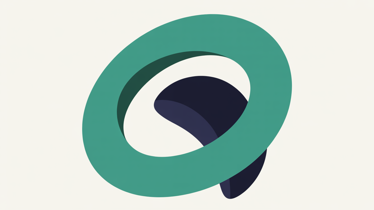 A teal ring twisting back into itself with a deep navy shape held inside it, on a warm grey background