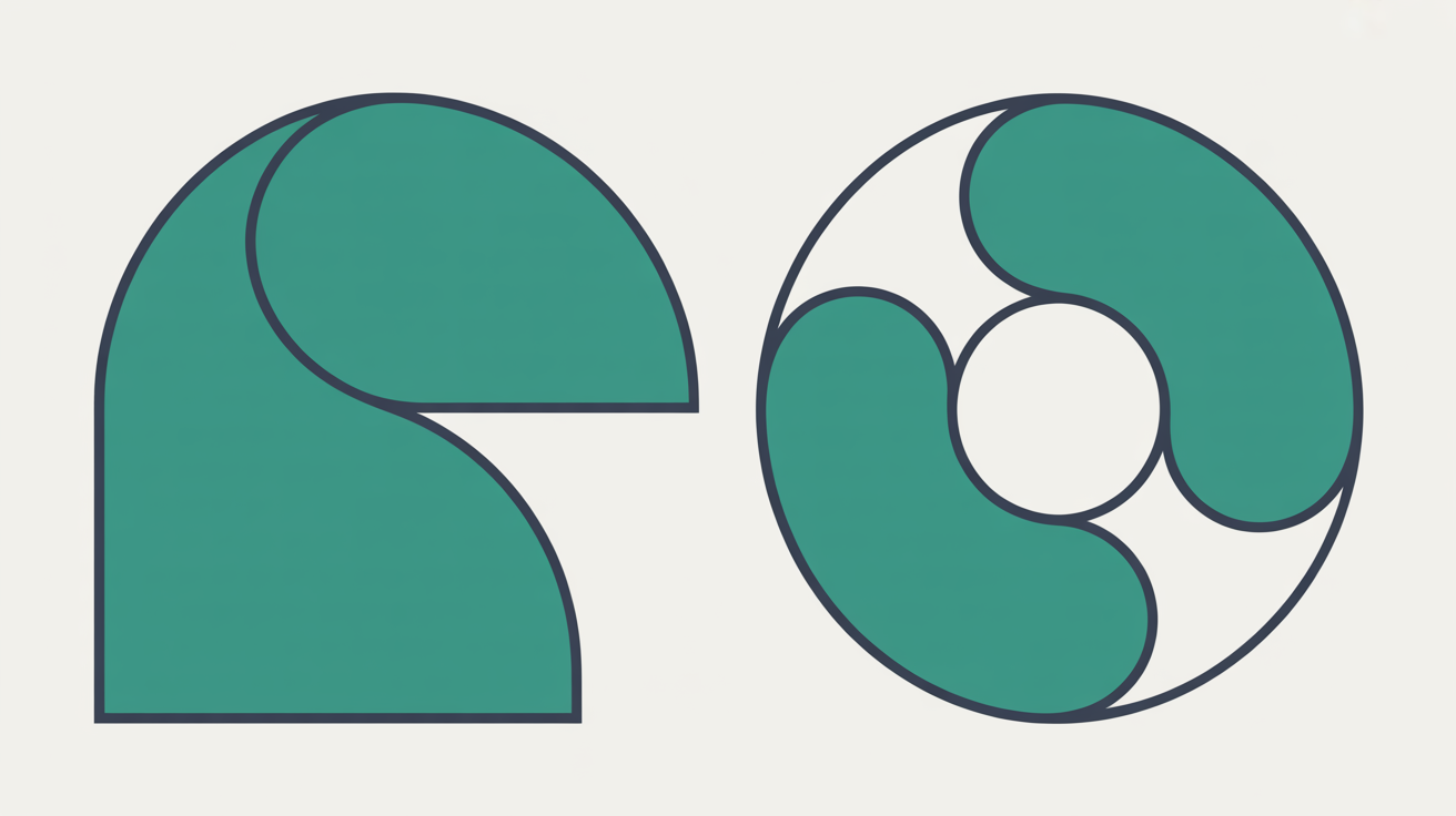 Two flat teal shapes side by side, the left one ending at a flat square edge and the right one a closed circular loop with no endpoint, on a warm grey background