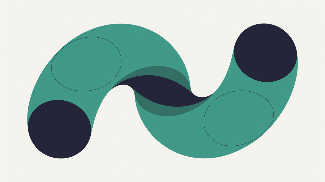 Flat illustration of a continuous teal band curving back on itself in an unbroken loop, with deep navy circles resting in its curves, on a warm grey background