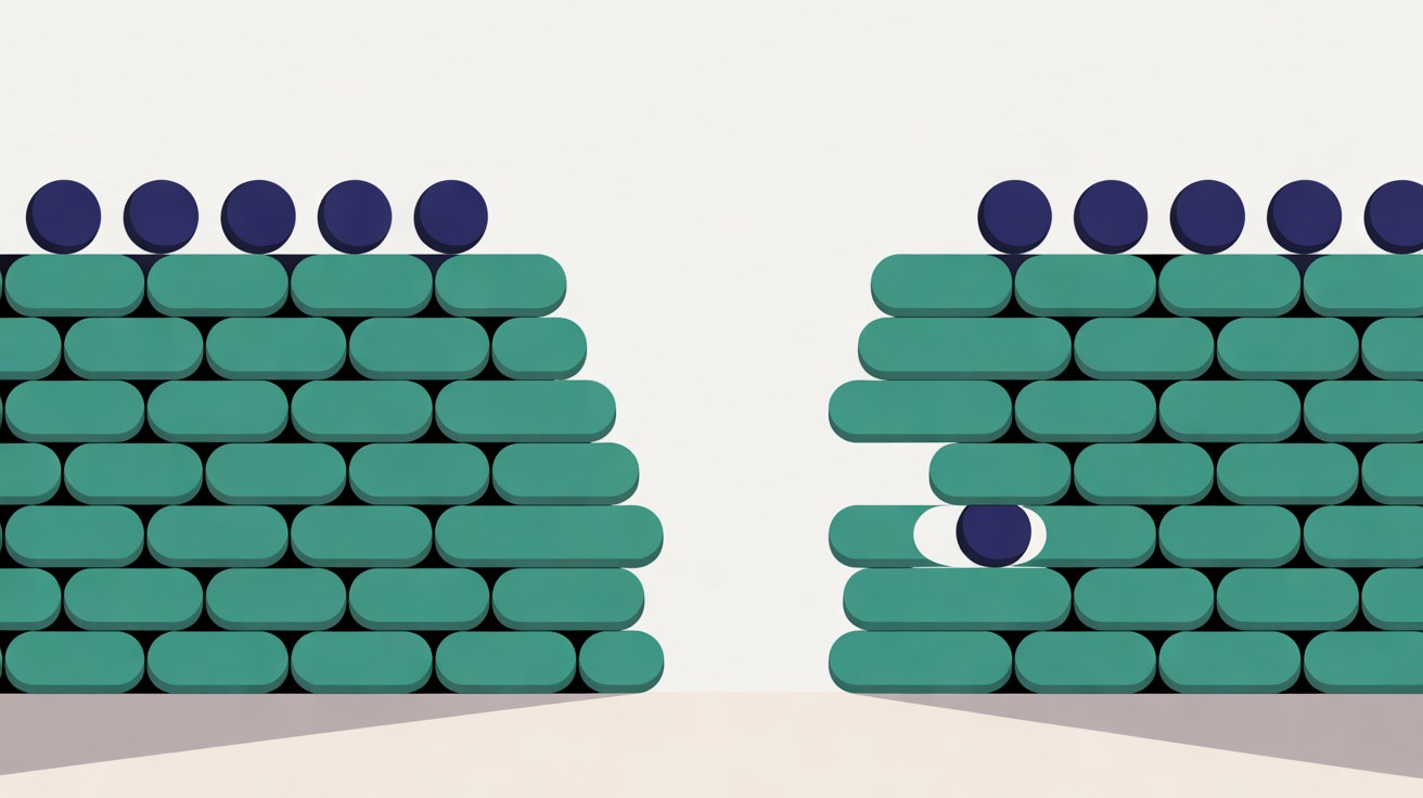 Two teal walls of rounded blocks topped with navy circles, separated by an open gap, with one navy circle wedged into a hole in the wall