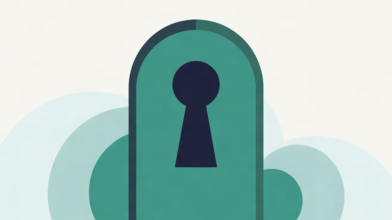 A teal arched door with a navy keyhole standing in front of soft overlapping pale teal circles on an off-white background