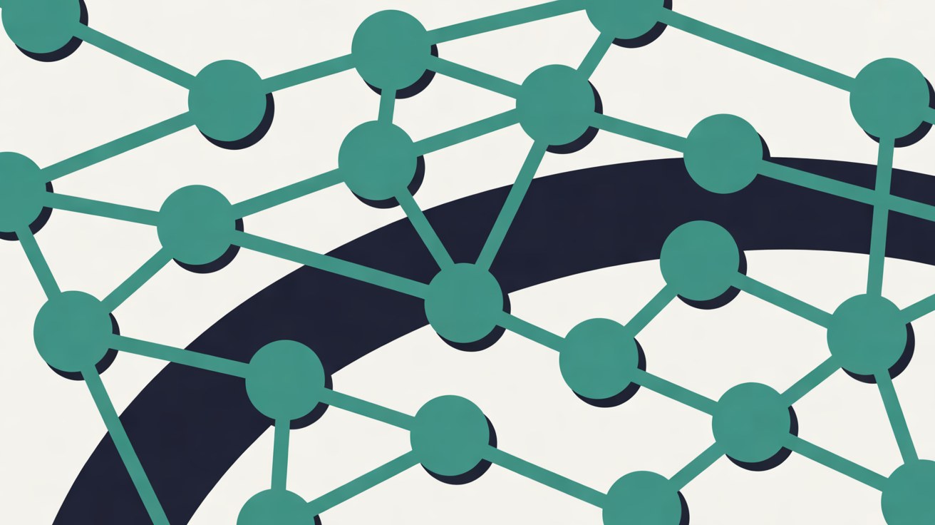 Teal network nodes joined by teal lines, crossed by a thick navy arc that splits the network in two, on an off-white background