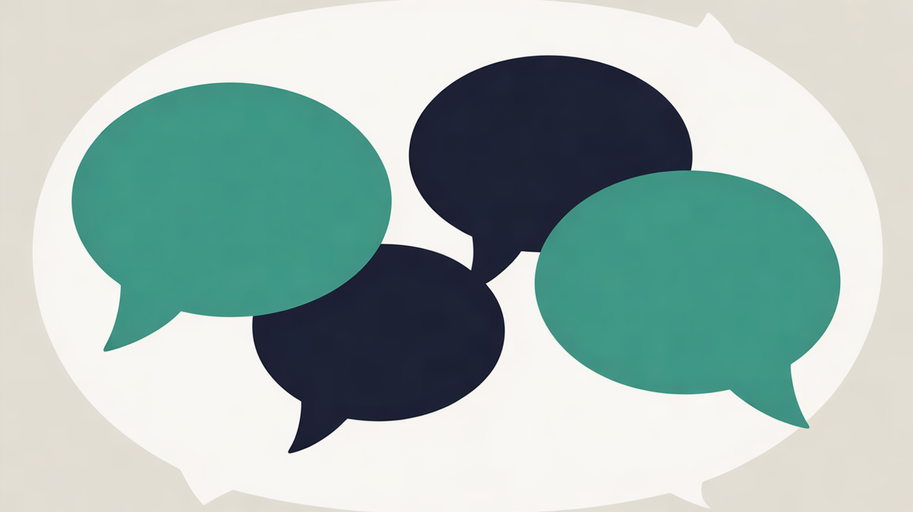 Four overlapping speech bubble shapes, two teal and two navy, on a pale oval against a warm grey background