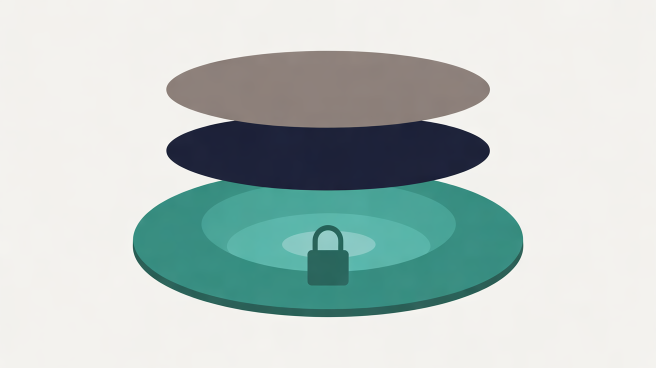 Flat illustration of three stacked oval discs in grey, navy and teal, with a small padlock resting on the glowing teal base