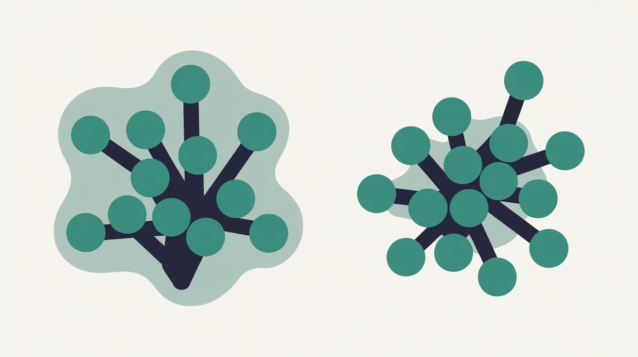Two clusters of teal nodes on an off-white background, the left one held inside a soft rounded boundary and the right one drifting outside it