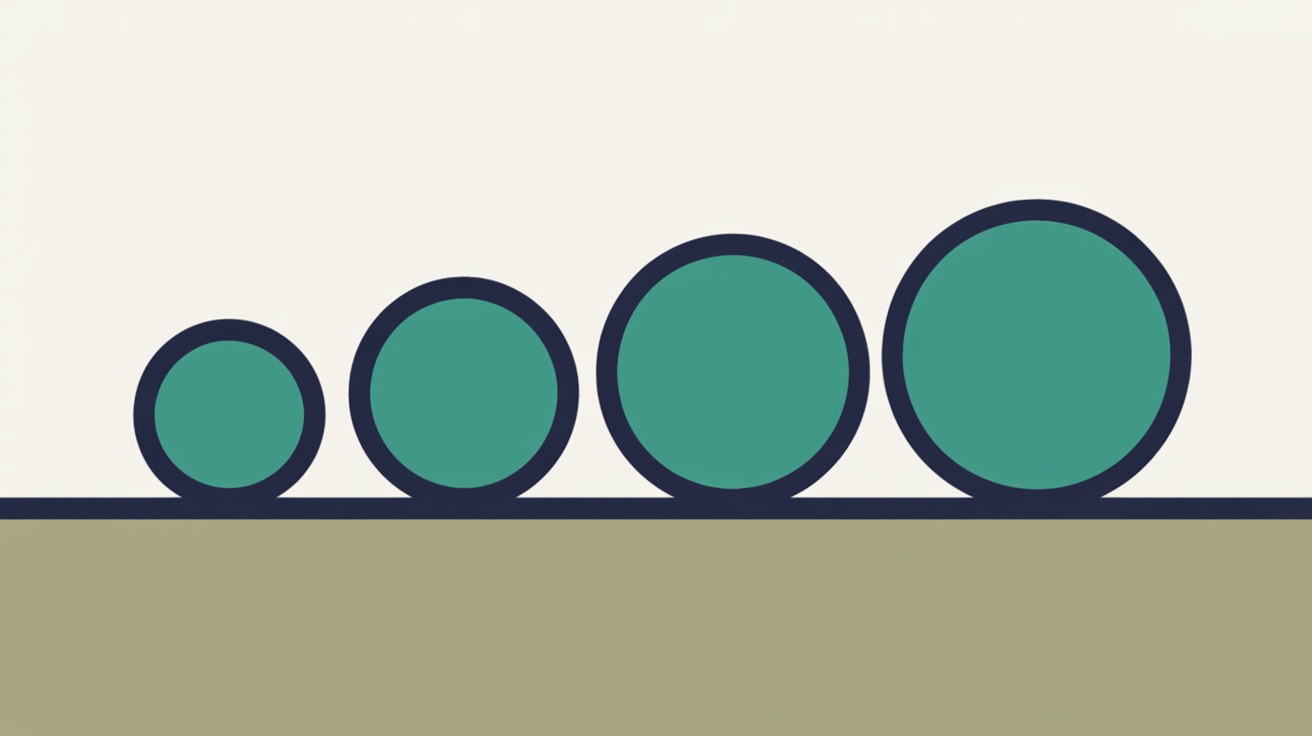 Four teal circles in an ascending row on an off-white background, each larger than the last, resting on a single dark baseline