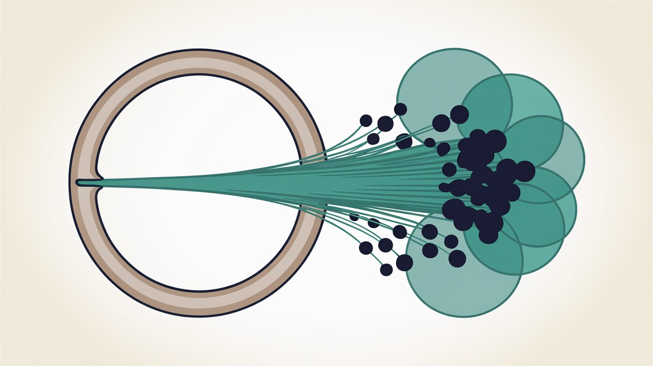 Teal threads streaming out through a narrow gap in a warm grey ring and dispersing into scattered dark dots on an off-white background