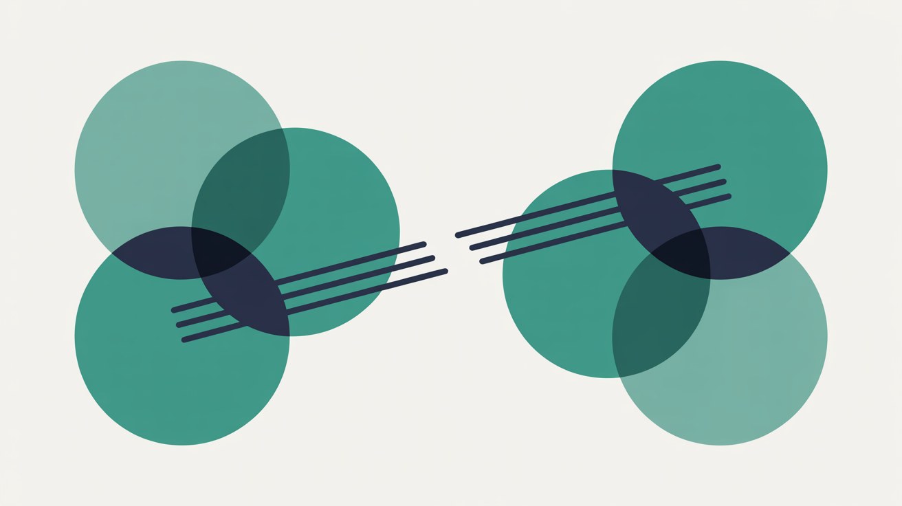 Abstract flat illustration of overlapping teal circles connected by fine lines on a warm grey background, suggesting permission passing between people