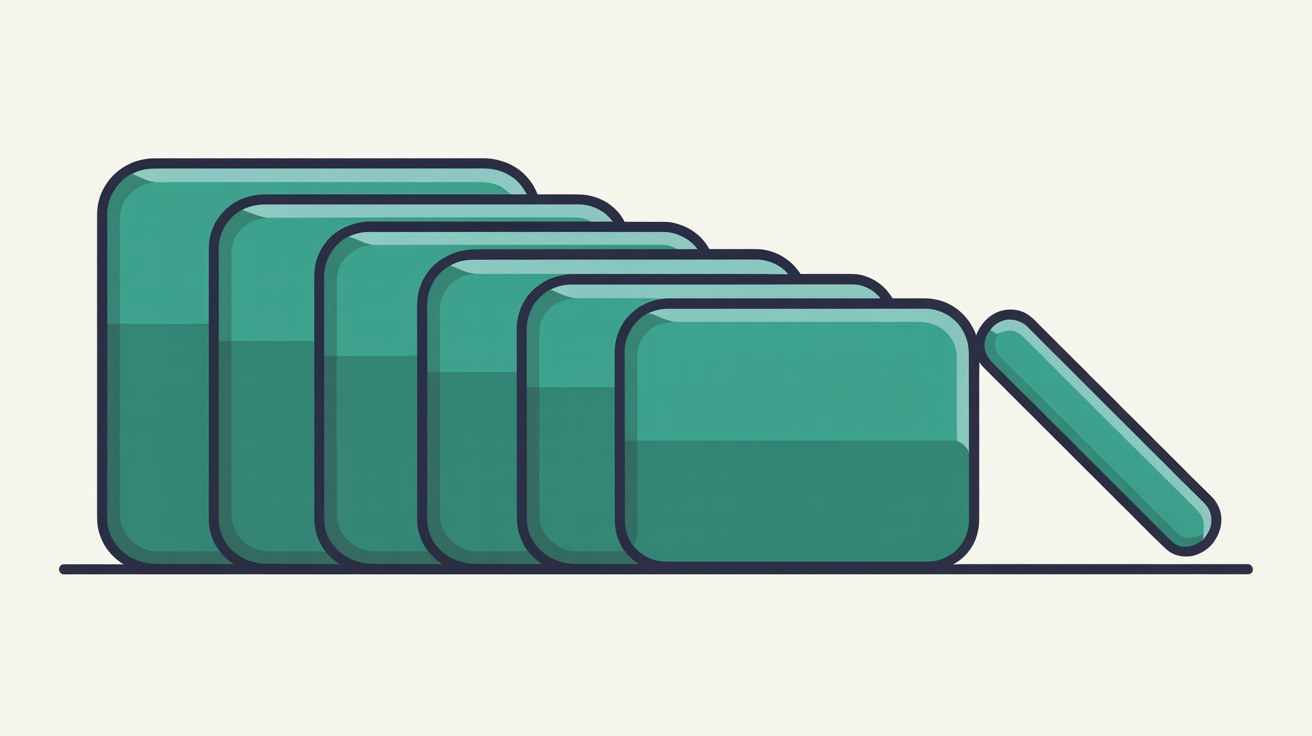 Flat illustration of identical teal rectangles stacked in a cascade with one tipping away from the stack, suggesting duplicate copies of the same image file