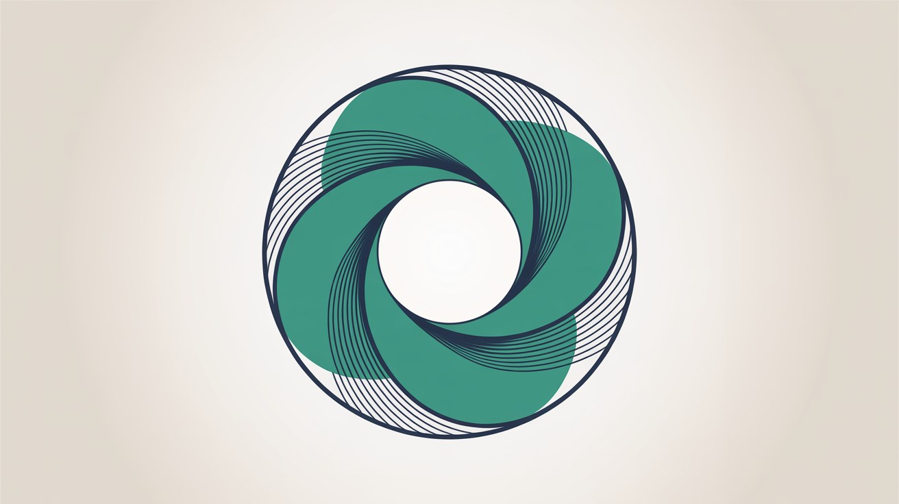 Flat abstract illustration of a teal camera aperture shape formed from overlapping circles on a warm grey background