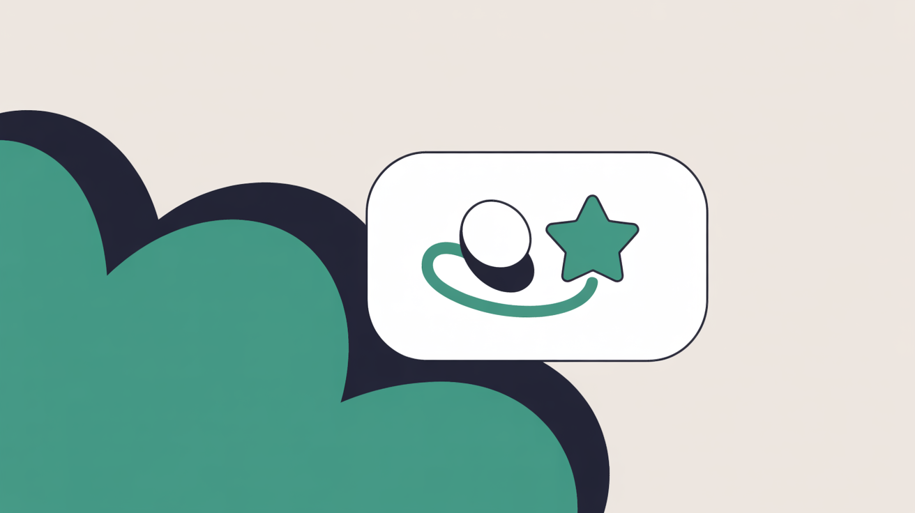 Flat illustration of a single rounded card holding a star shape next to a small button form, connected by a gentle teal line, on a warm grey background