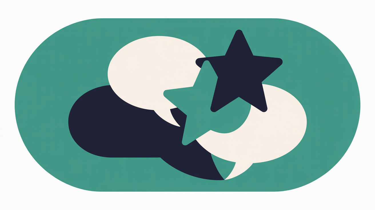 Warm flat illustration of overlapping speech bubbles and star shapes flowing together into a single rounded panel, in teal on a warm stone-grey background