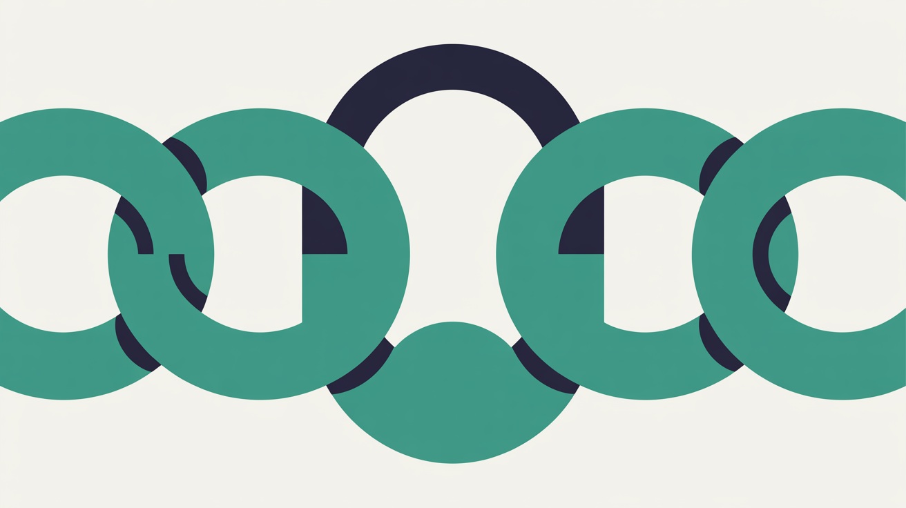 Abstract flat illustration of interlocking teal circles forming a chain with a small padlock-shaped gap in the centre, on a warm stone grey background