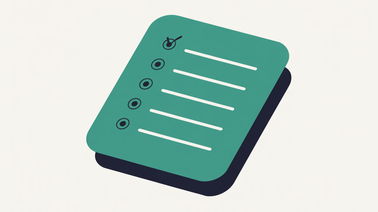 Abstract flat illustration of a teal checklist rendered as overlapping rounded rectangles with small circular nodes, on a warm stone grey background