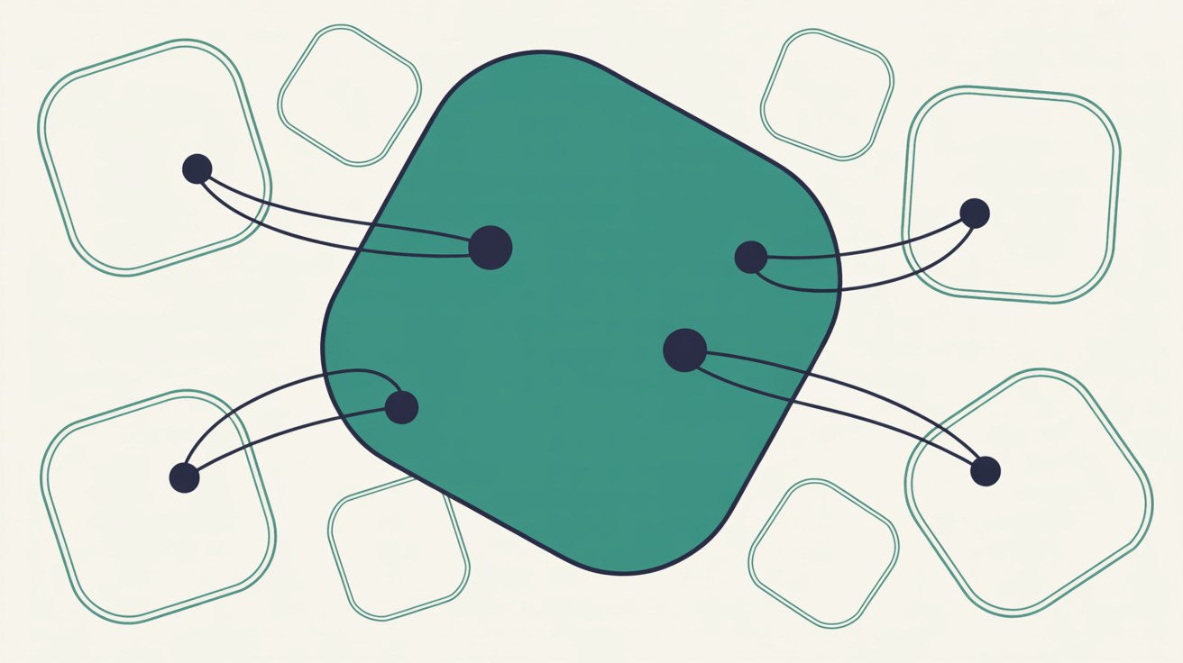 Abstract flat illustration of one solid teal rounded shape connected by thin navy lines to several faint outlined duplicates of the same shape on a warm off-white background