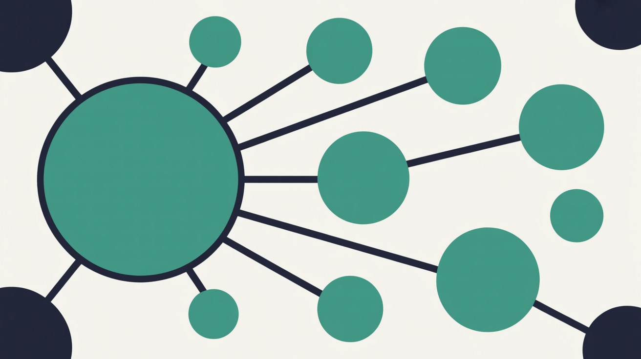 Flat illustration of one large teal circle joined by navy lines to many smaller circles scattered across a warm off-white background