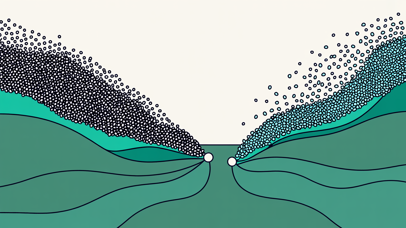 Abstract illustration of two very different traffic flows, one enormous and directional, one modest and scattered, both approaching a central node