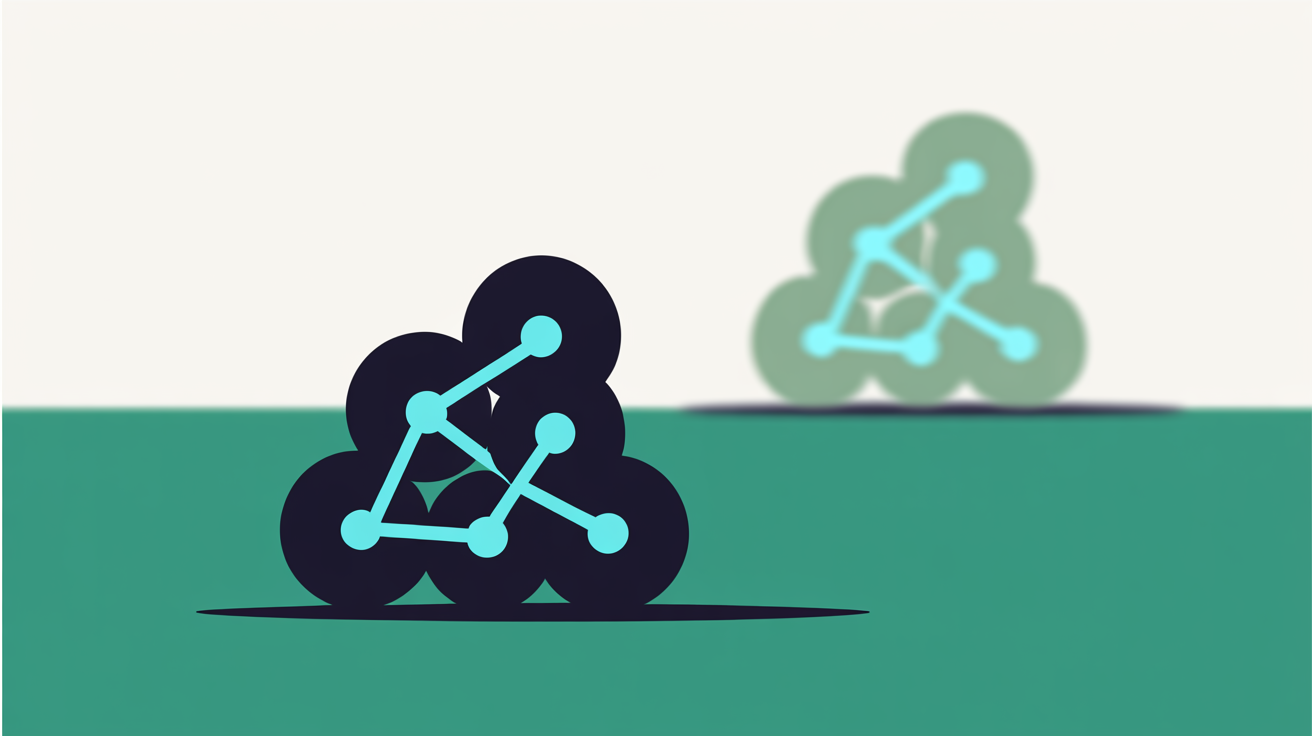 Abstract flat illustration of a small connected network of teal nodes on a warm grey background with a much larger abstract shape faintly visible in the distance, suggesting a difference in scale
