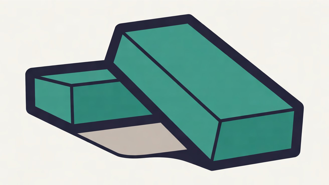 Two teal blocks with navy outlines, one tilted up off the other to reveal a grey gap underneath, on an off-white background