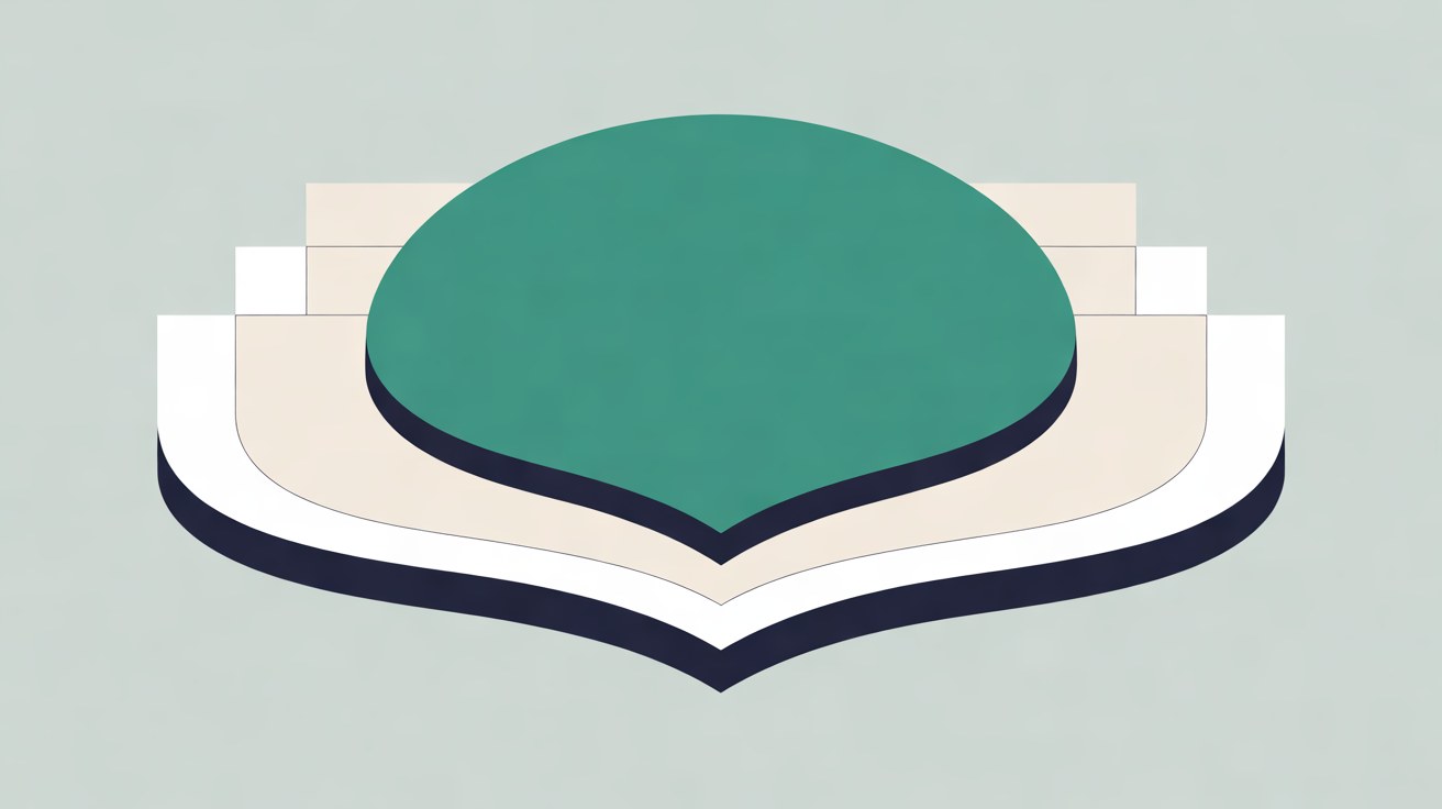Teal shield shape layered over off-white and white panels with a navy edge, on a pale grey background