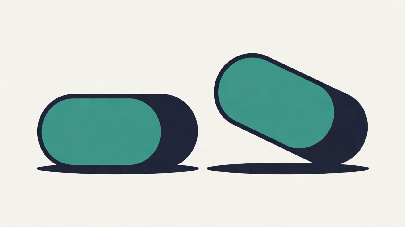 Two teal capsule shapes with navy outlines on an off-white background, one lying flat and one tipping away from its shadow