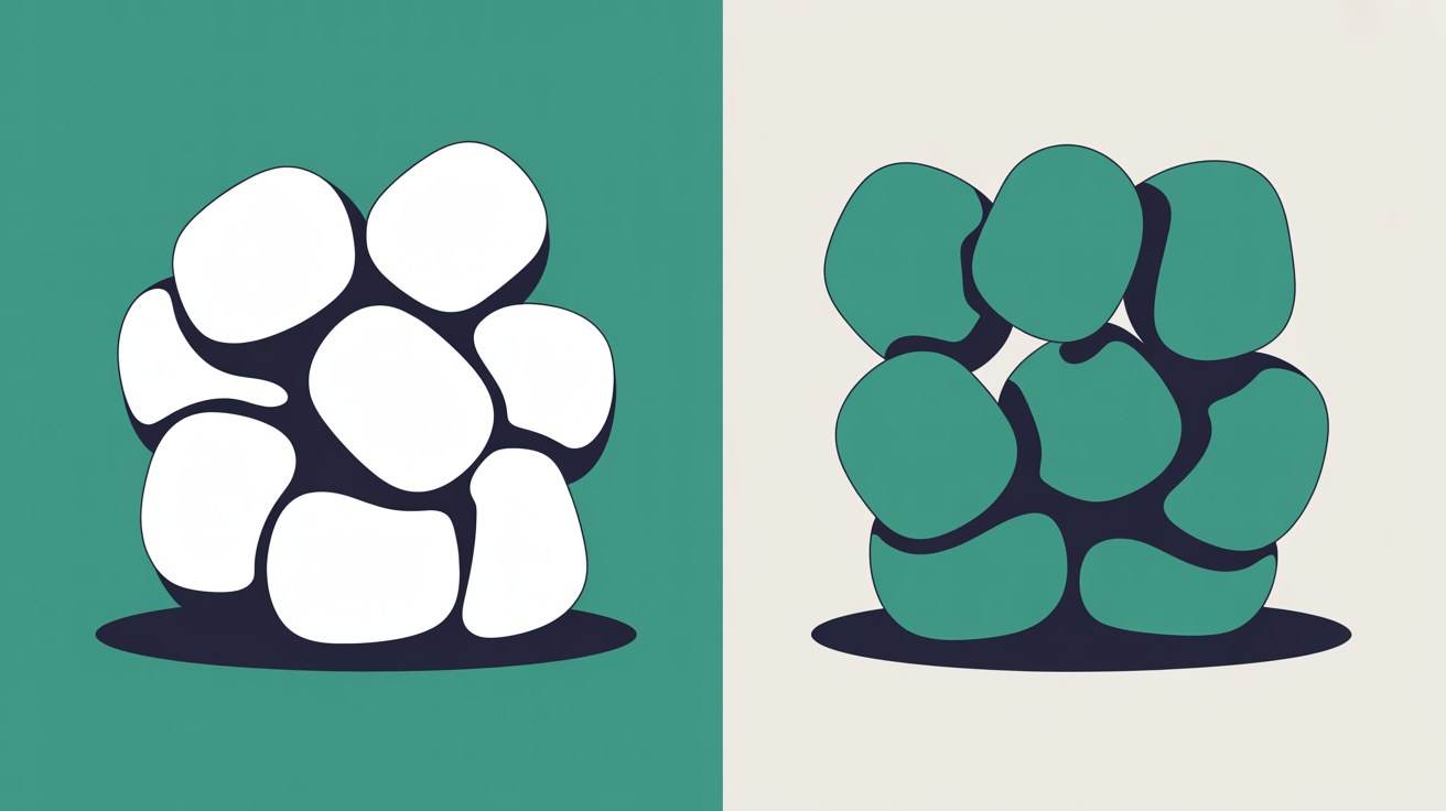 Two identical clusters of interlocking rounded shapes side by side, one filled white on a teal field and one filled teal on a warm stone field