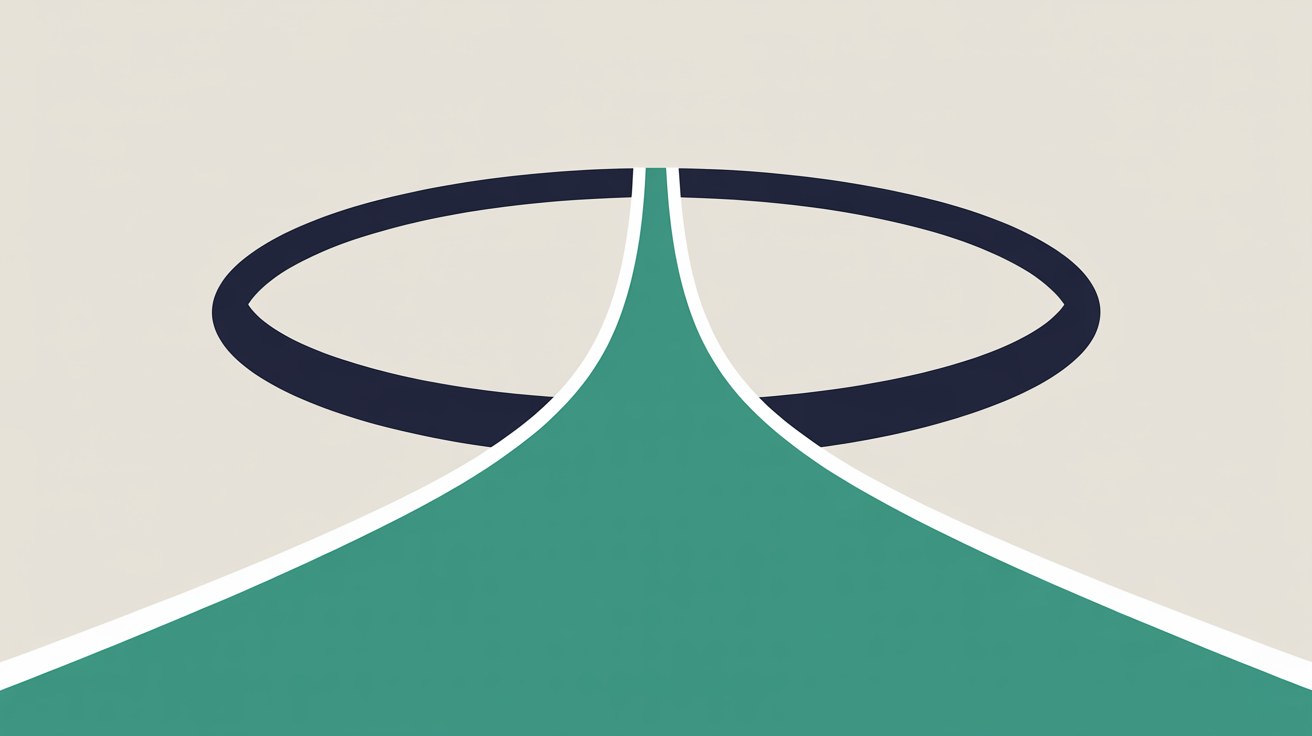 Abstract flat illustration of a single open pathway in teal branching away from a closed loop on warm grey