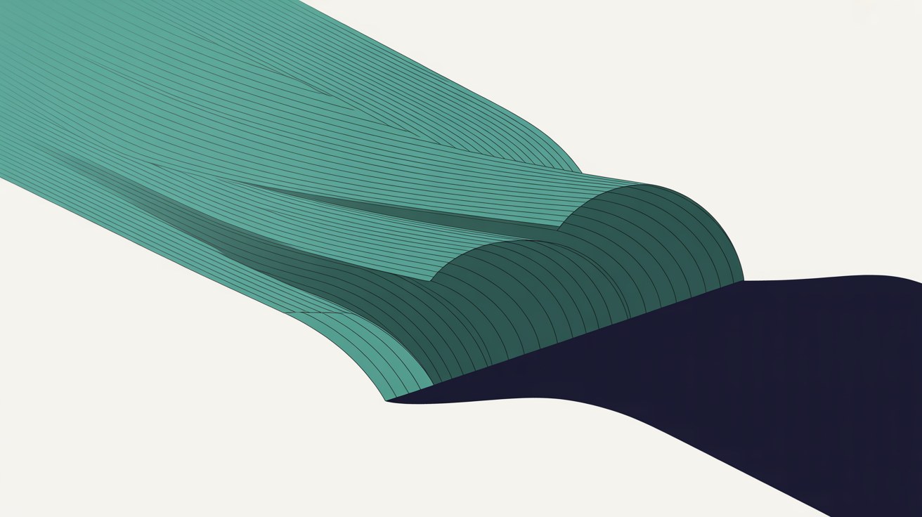 A wide band of flowing teal lines with a large portion folding away over a deep navy edge on a warm stone background