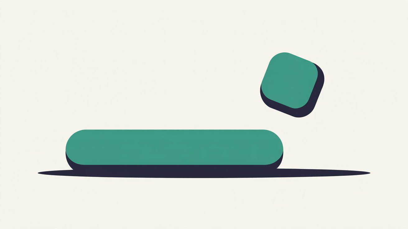 Flat illustration of a long teal bar resting on a warm grey field with a small separate teal block hovering above its right end