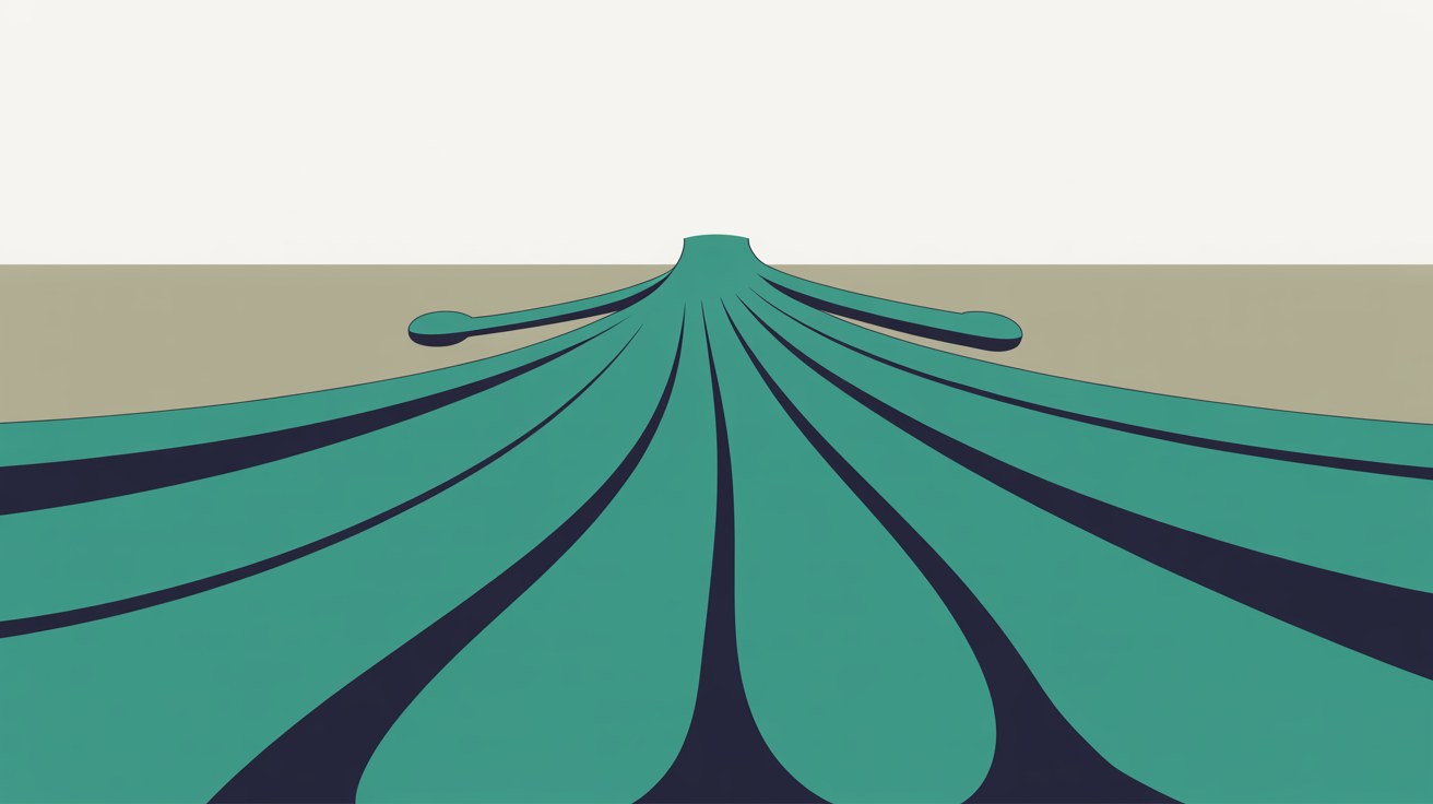 Abstract flat illustration of teal routes radiating outward across a warm grey field, some continuing to the edge and some stopping short