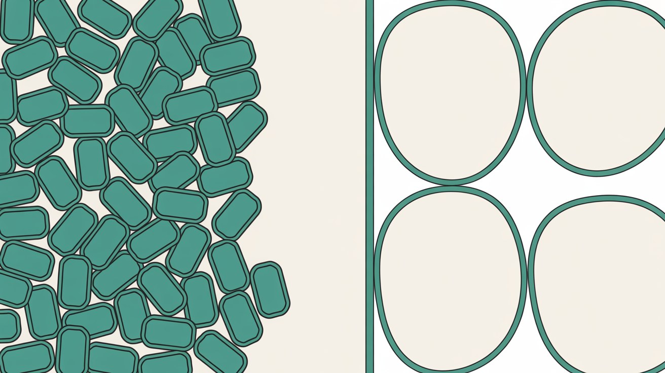 Flat illustration split into two zones, one made of tightly packed teal blocks and one of open rounded shapes, on a warm grey background