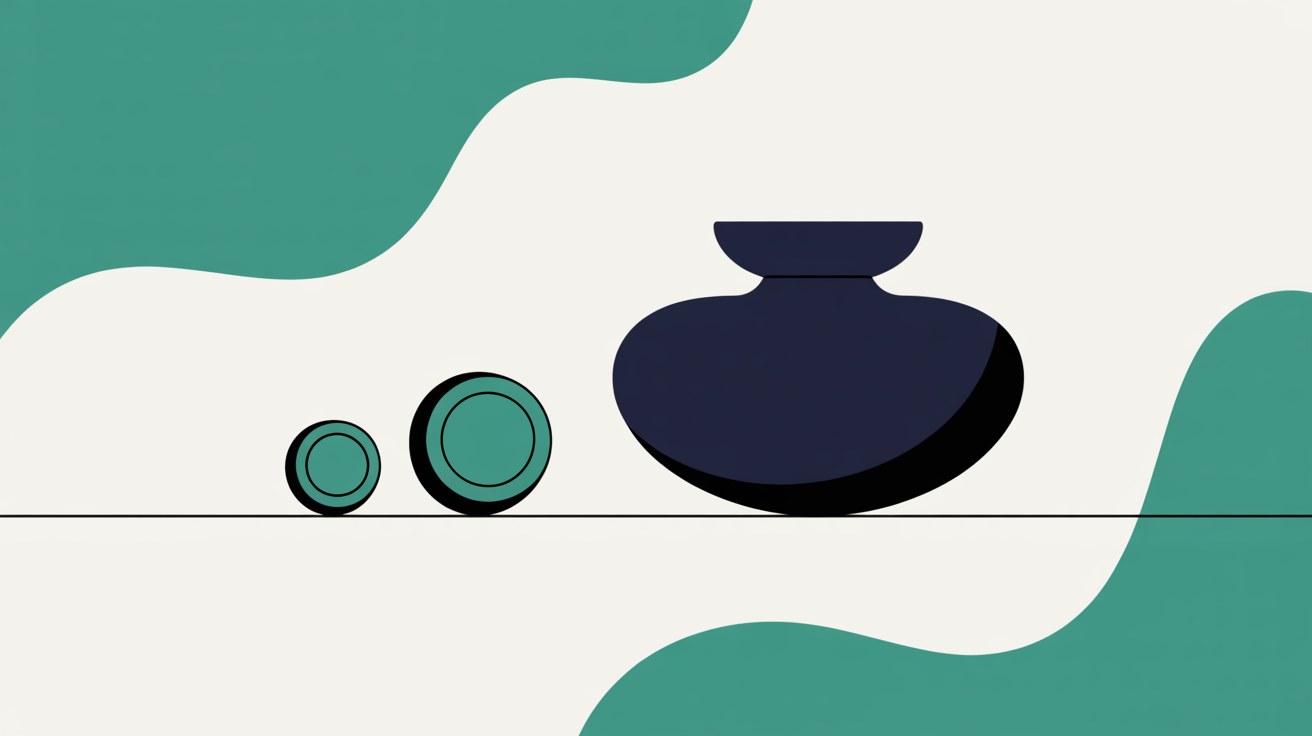 Two small teal discs resting apart from a larger dark vessel shape on a warm off-white background with sweeping teal wave forms