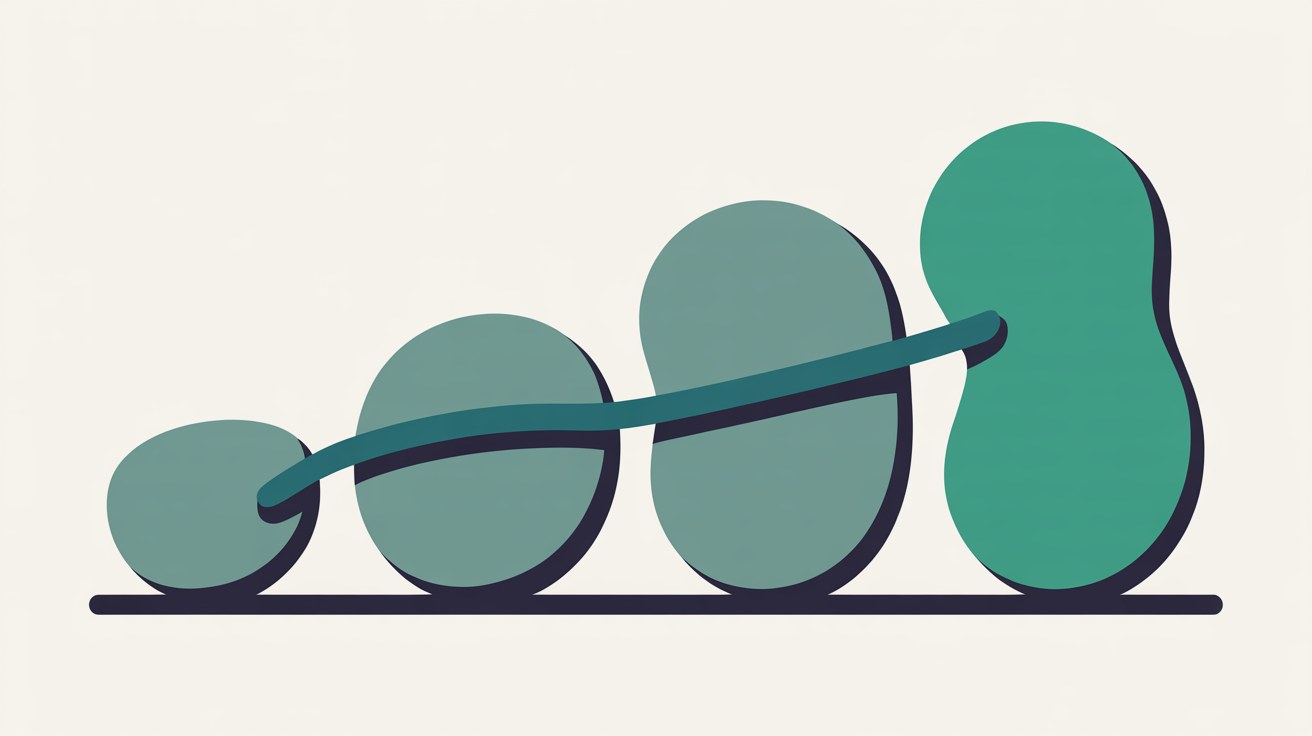 Four rounded teal shapes of increasing size linked by a single curved line, resting on a horizontal base against a warm off-white background
