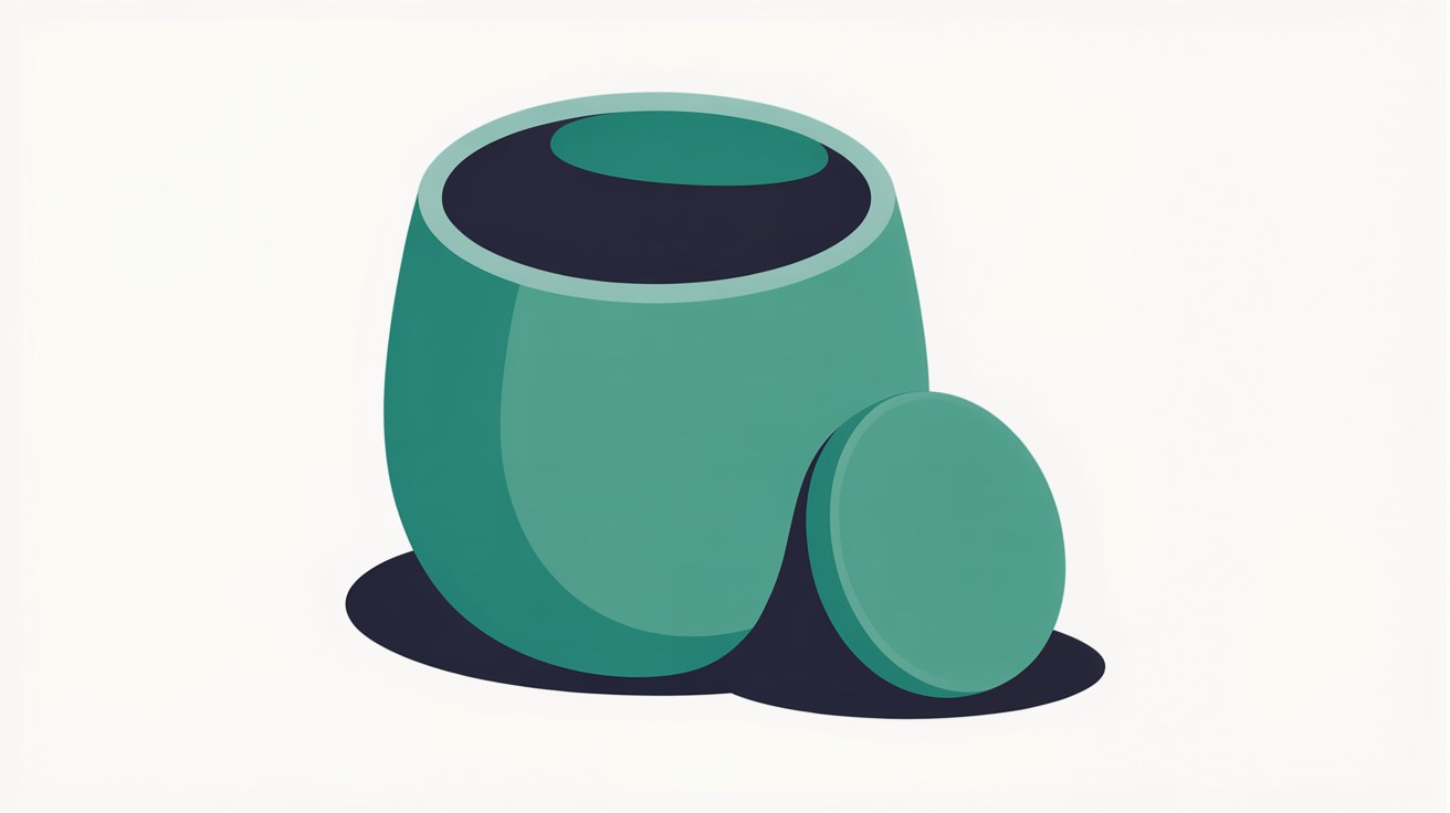 Flat illustration of a rounded teal container with a separate circular token resting beside it on a warm off-white background
